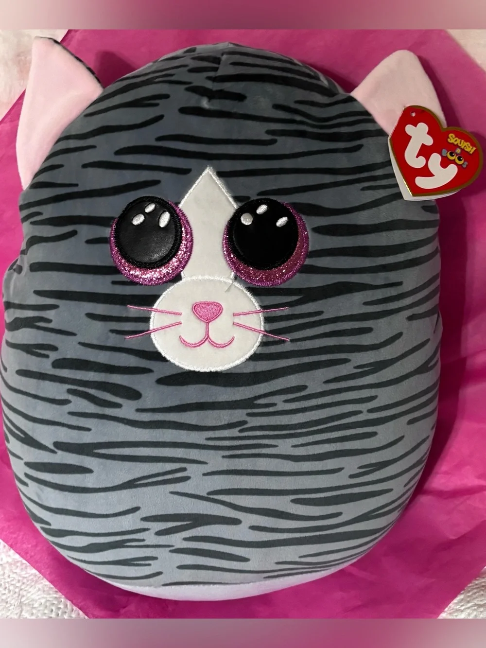 Large Ty Squish a Boos Cat Beanie Gray Stripe Plush Stuffed Animal Kiki Glitter